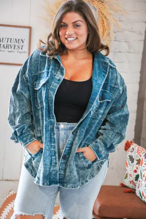 Teal Vintage Oversized Corduroy Button-Up Pocketed Shacket