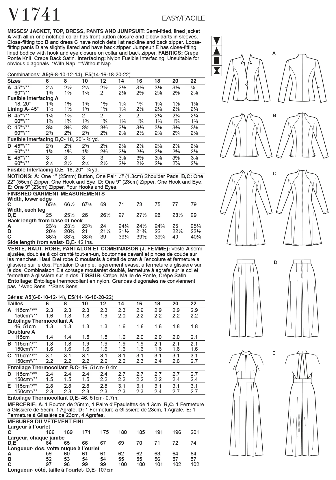 V1741 Misses' Jacket, Top, Dress, Pants and Jumpsuit