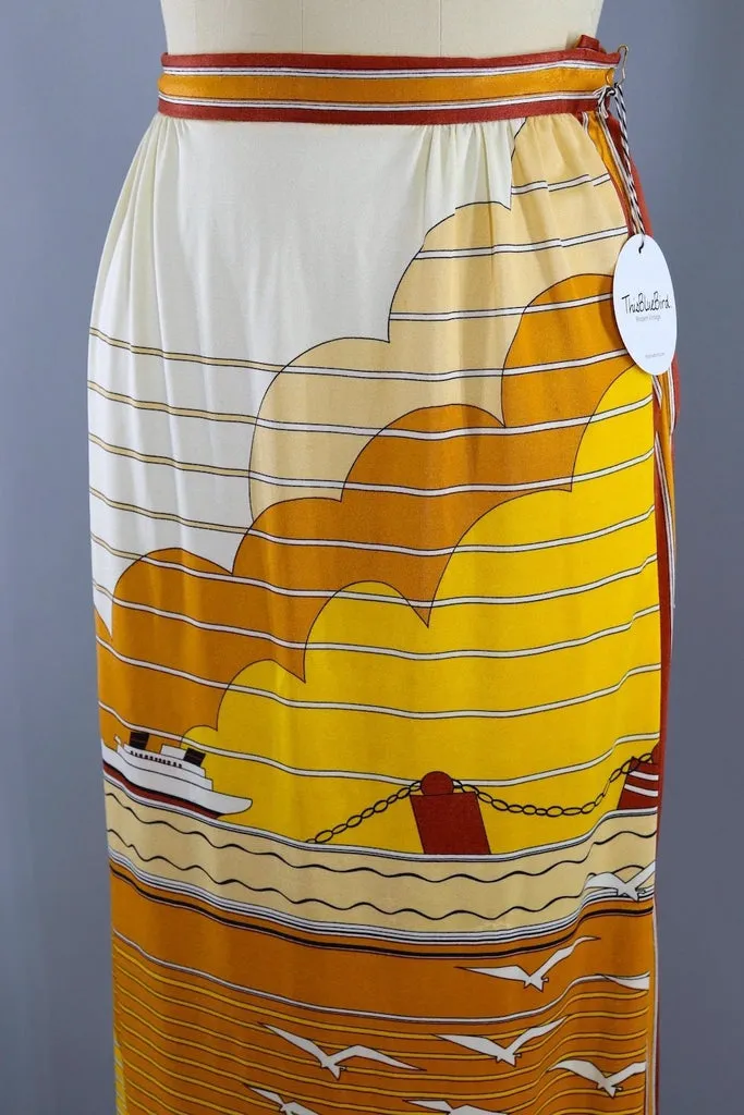 Vintage 1970s Paganne Maxi Skirt / Golden Nautical Novelty Print