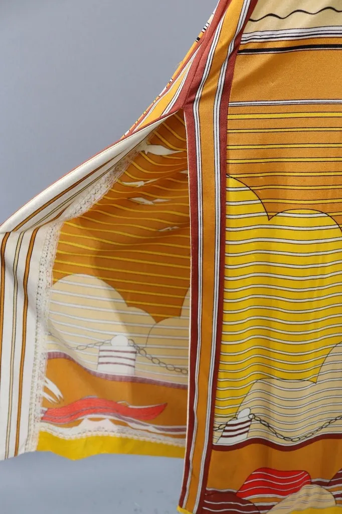 Vintage 1970s Paganne Maxi Skirt / Golden Nautical Novelty Print