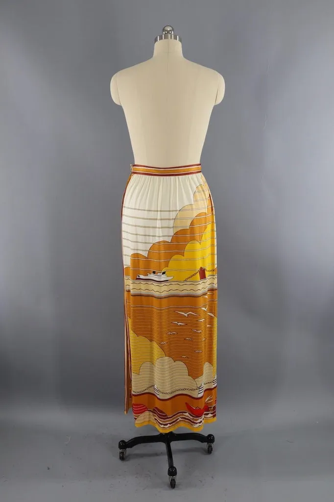 Vintage 1970s Paganne Maxi Skirt / Golden Nautical Novelty Print