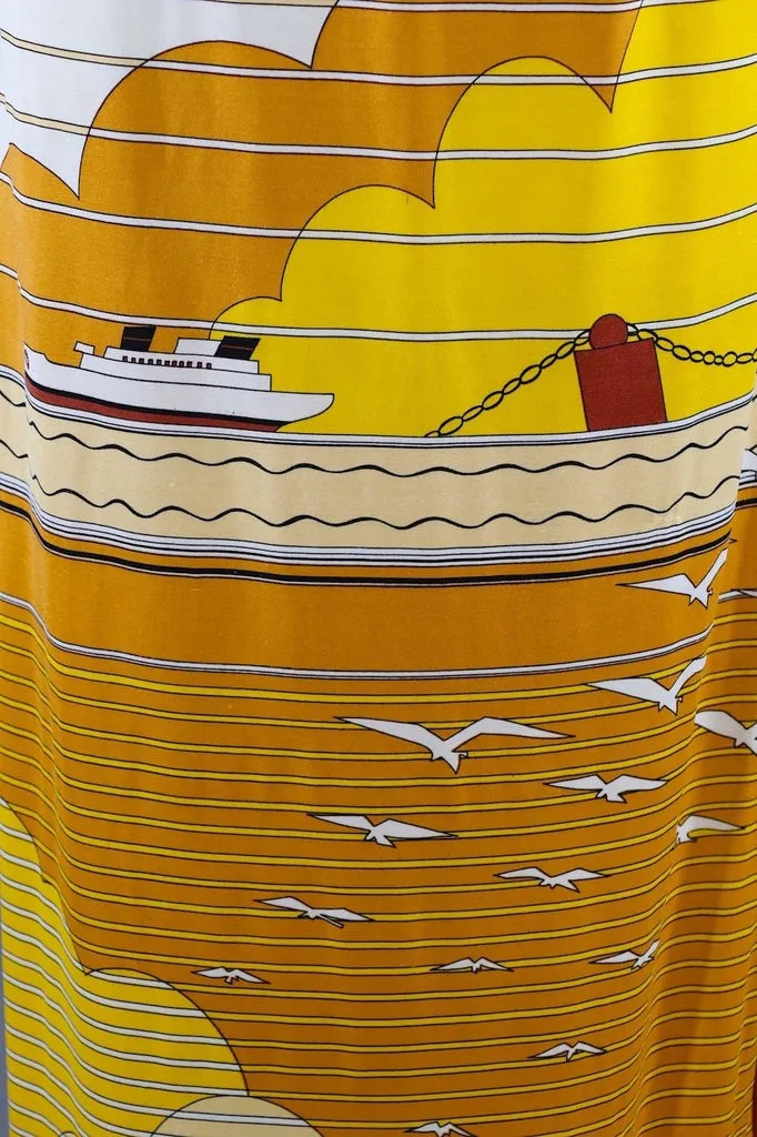 Vintage 1970s Paganne Maxi Skirt / Golden Nautical Novelty Print