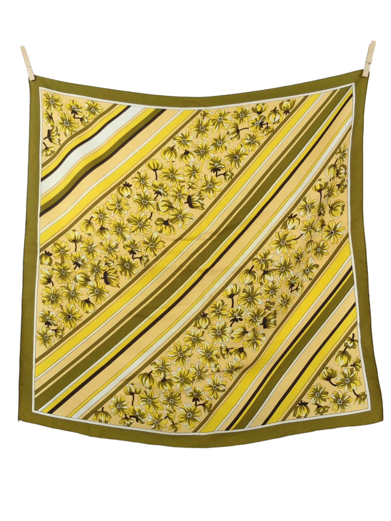 Vintage 70s Retro Mod Hippie Kitsch Yellow & Green Striped Floral Square Bandana Neck Tie Scarf