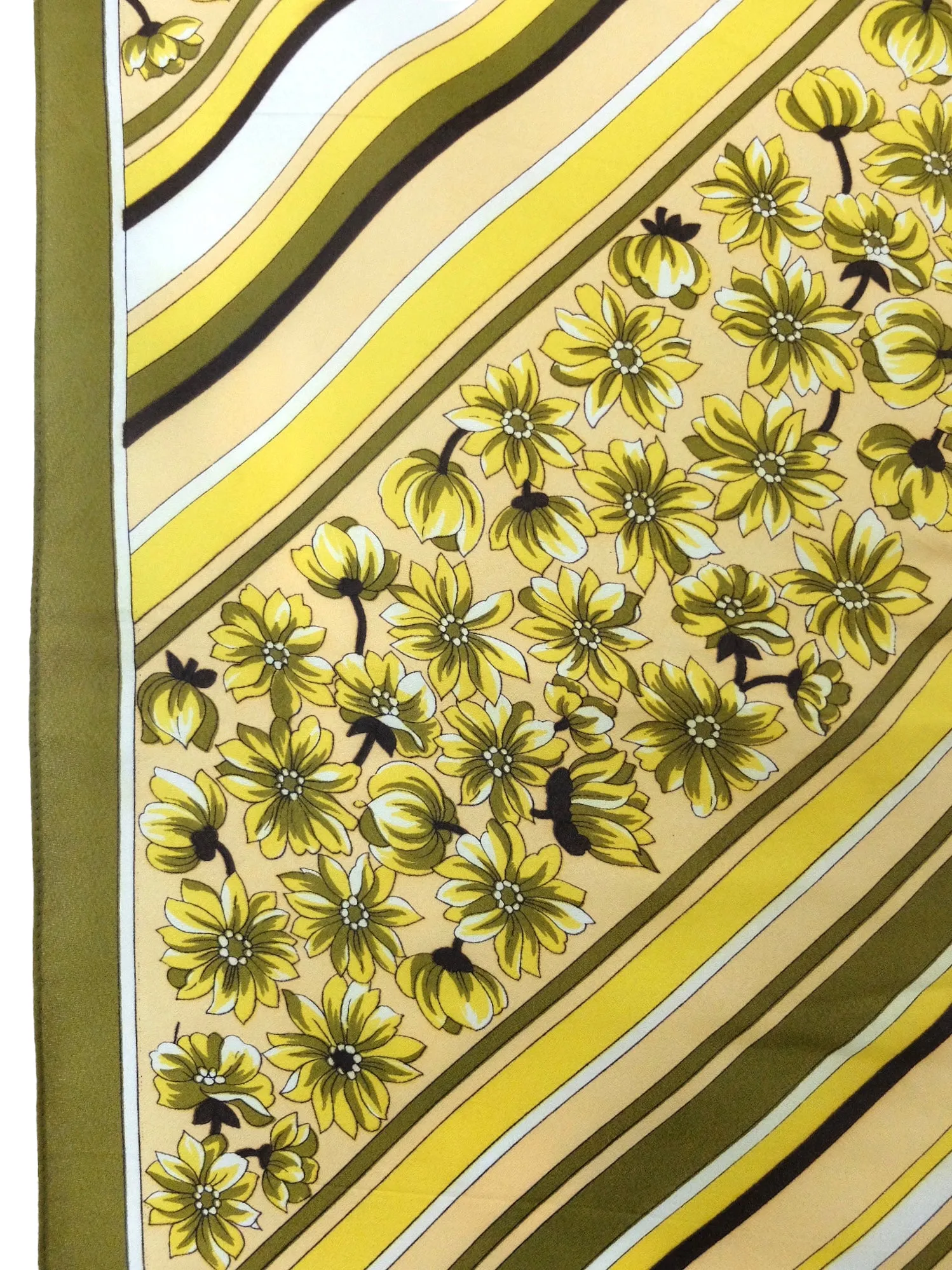 Vintage 70s Retro Mod Hippie Kitsch Yellow & Green Striped Floral Square Bandana Neck Tie Scarf