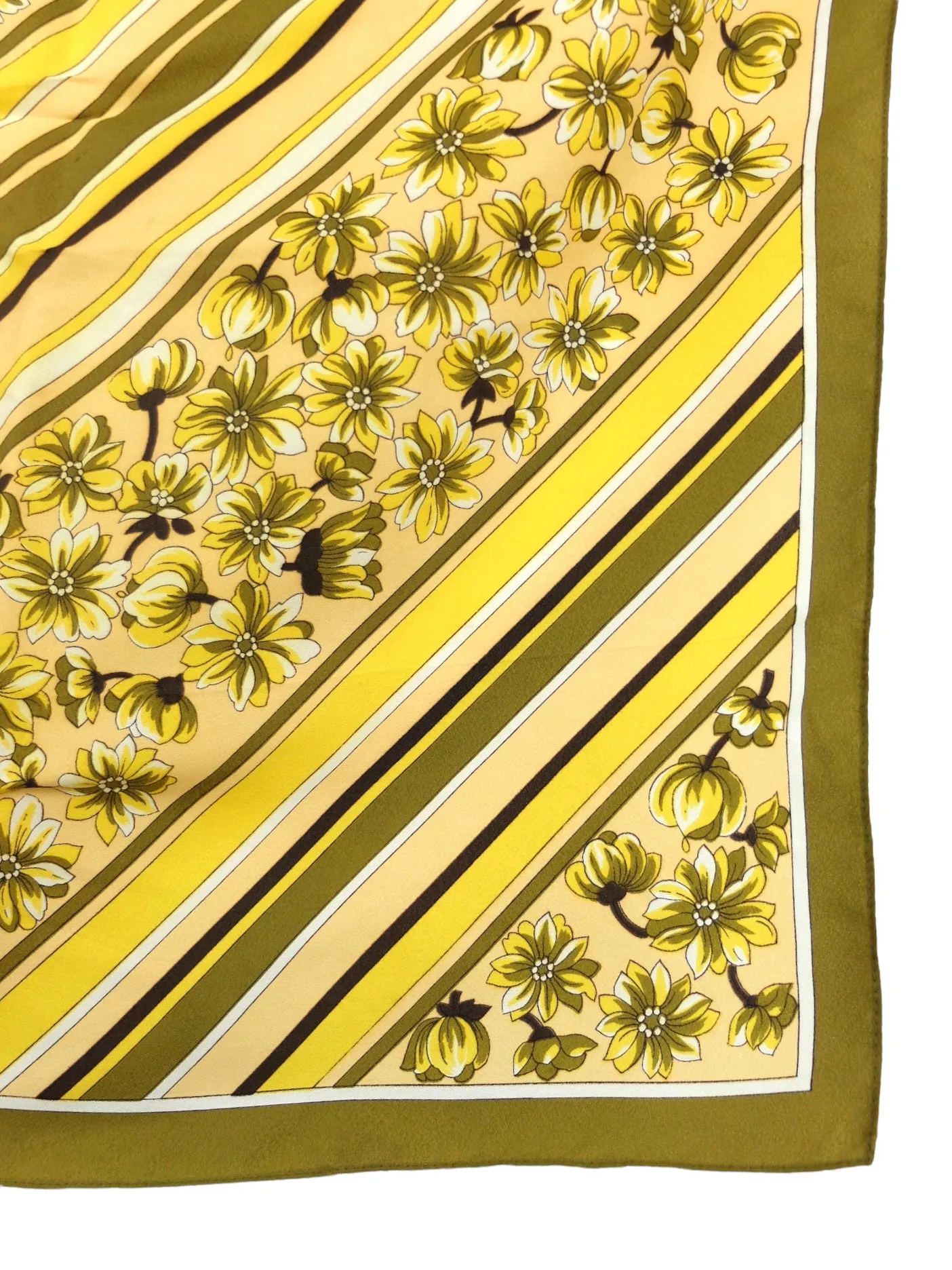 Vintage 70s Retro Mod Hippie Kitsch Yellow & Green Striped Floral Square Bandana Neck Tie Scarf