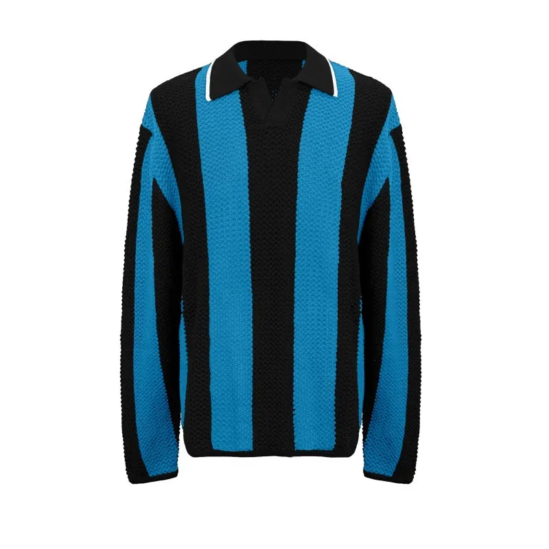 Wholesale Custom Man Knit Sweater Polo V-Neck  Striped Pullover Cotton