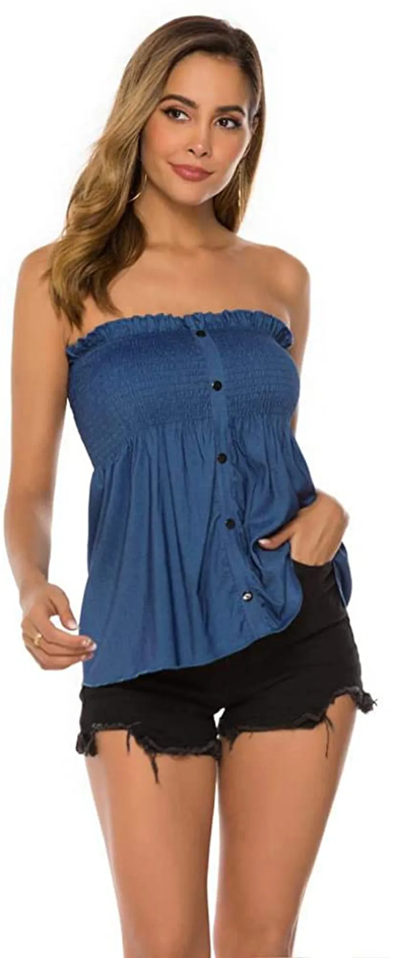 Womens Holiday Strapless Pleated Tube Top Shirt Halter Twisted Tank Top Blouse