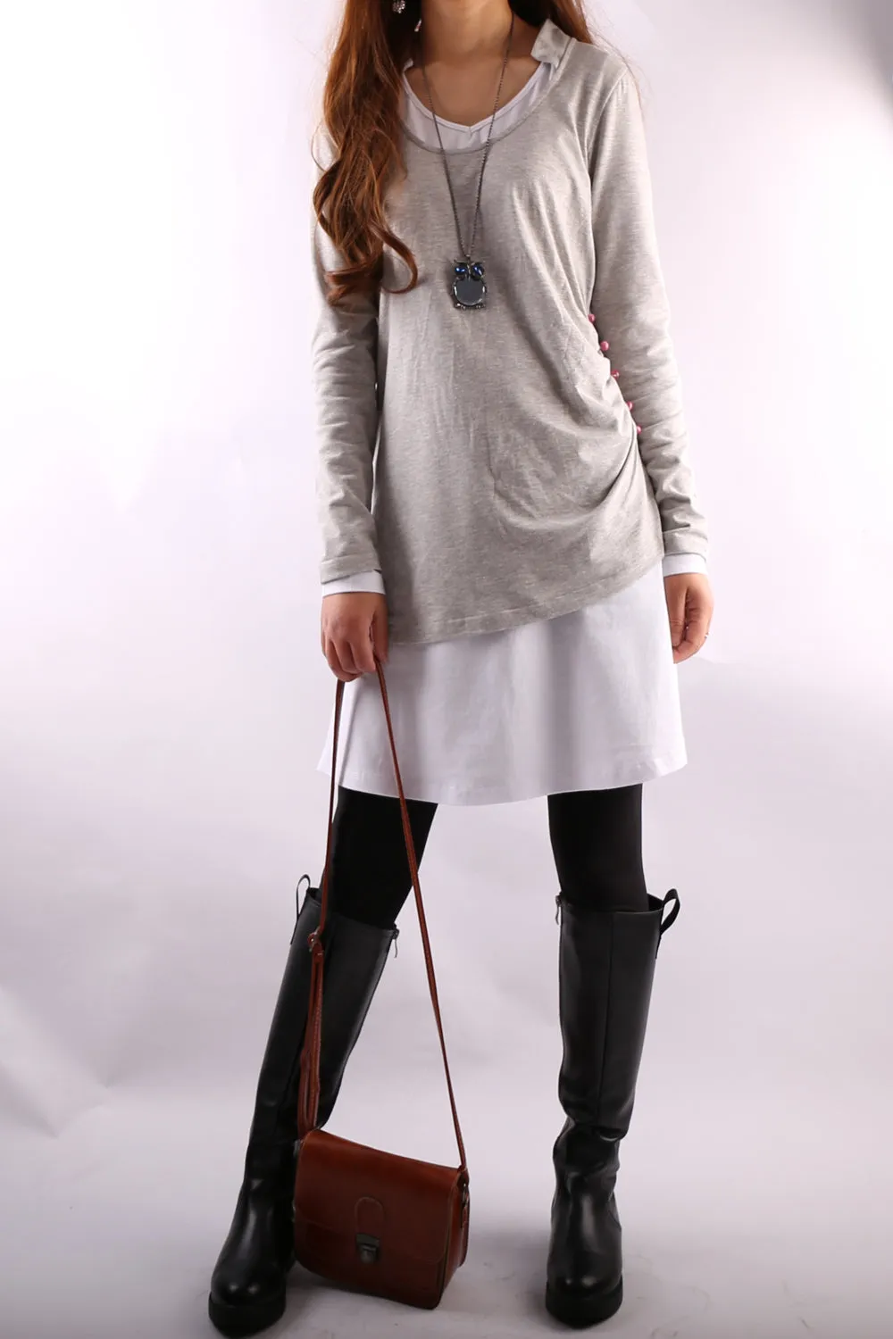 Women's V-neck cotton dress/Boho Cotton Layered Tunic Dress Set/long sleeve top(Q1702)