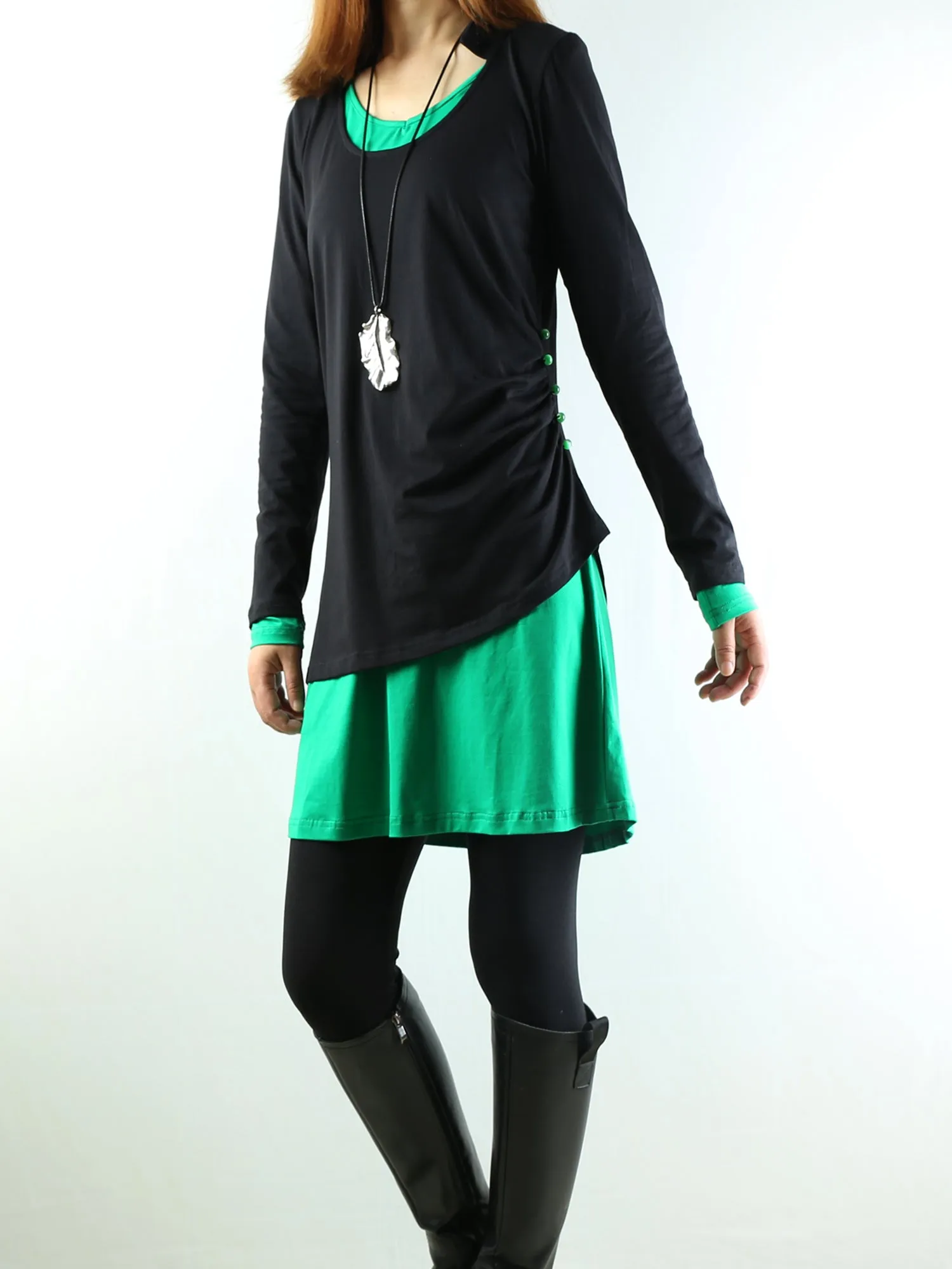 Women's V-neck cotton dress/Boho Cotton Layered Tunic Dress Set/long sleeve top(Q1702)
