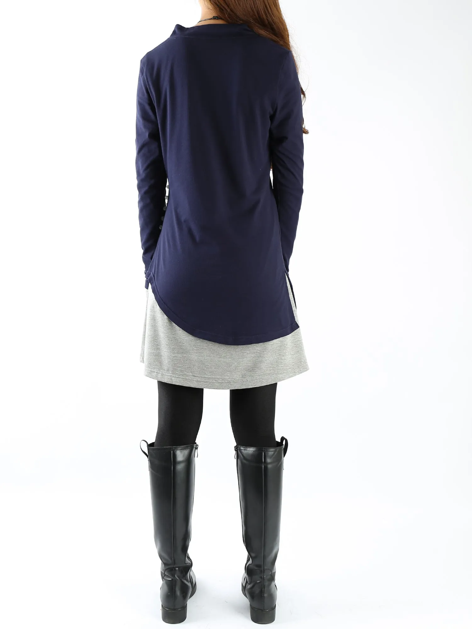 Women's V-neck cotton dress/Boho Cotton Layered Tunic Dress Set/long sleeve top(Q1702)