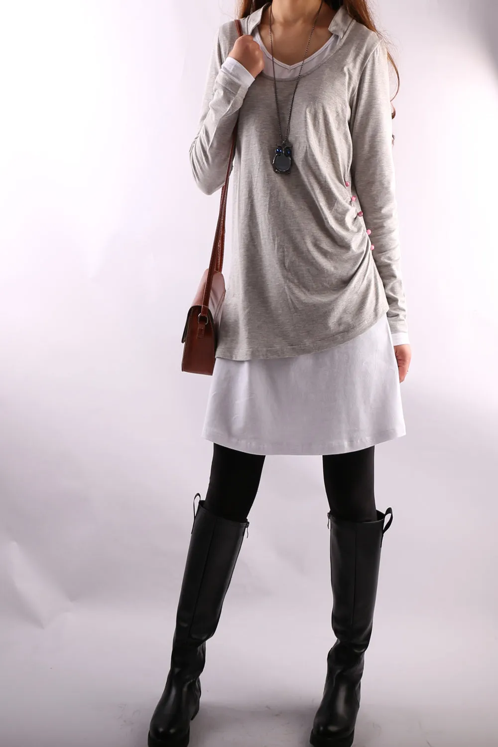 Women's V-neck cotton dress/Boho Cotton Layered Tunic Dress Set/long sleeve top(Q1702)