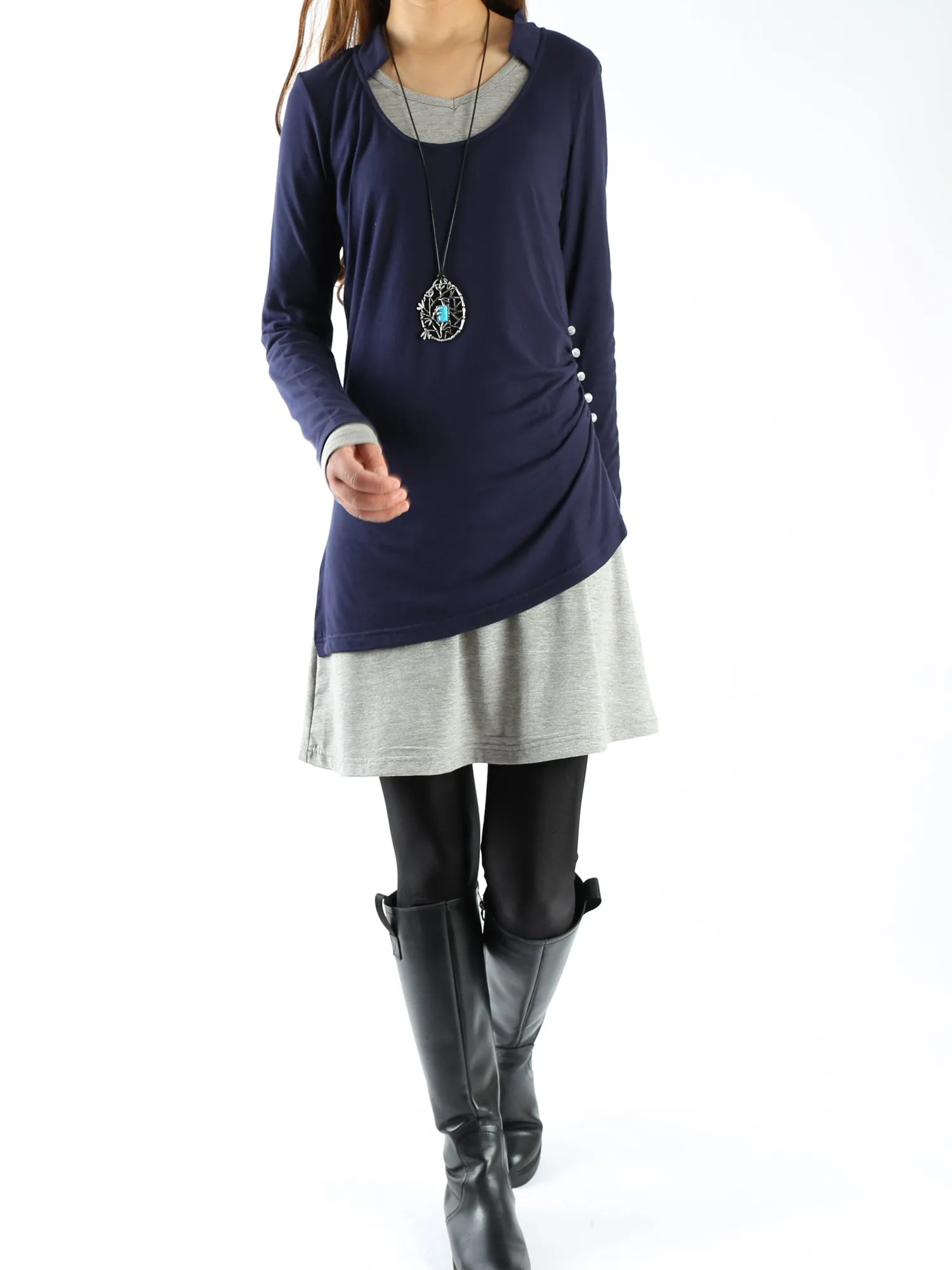 Women's V-neck cotton dress/Boho Cotton Layered Tunic Dress Set/long sleeve top(Q1702)