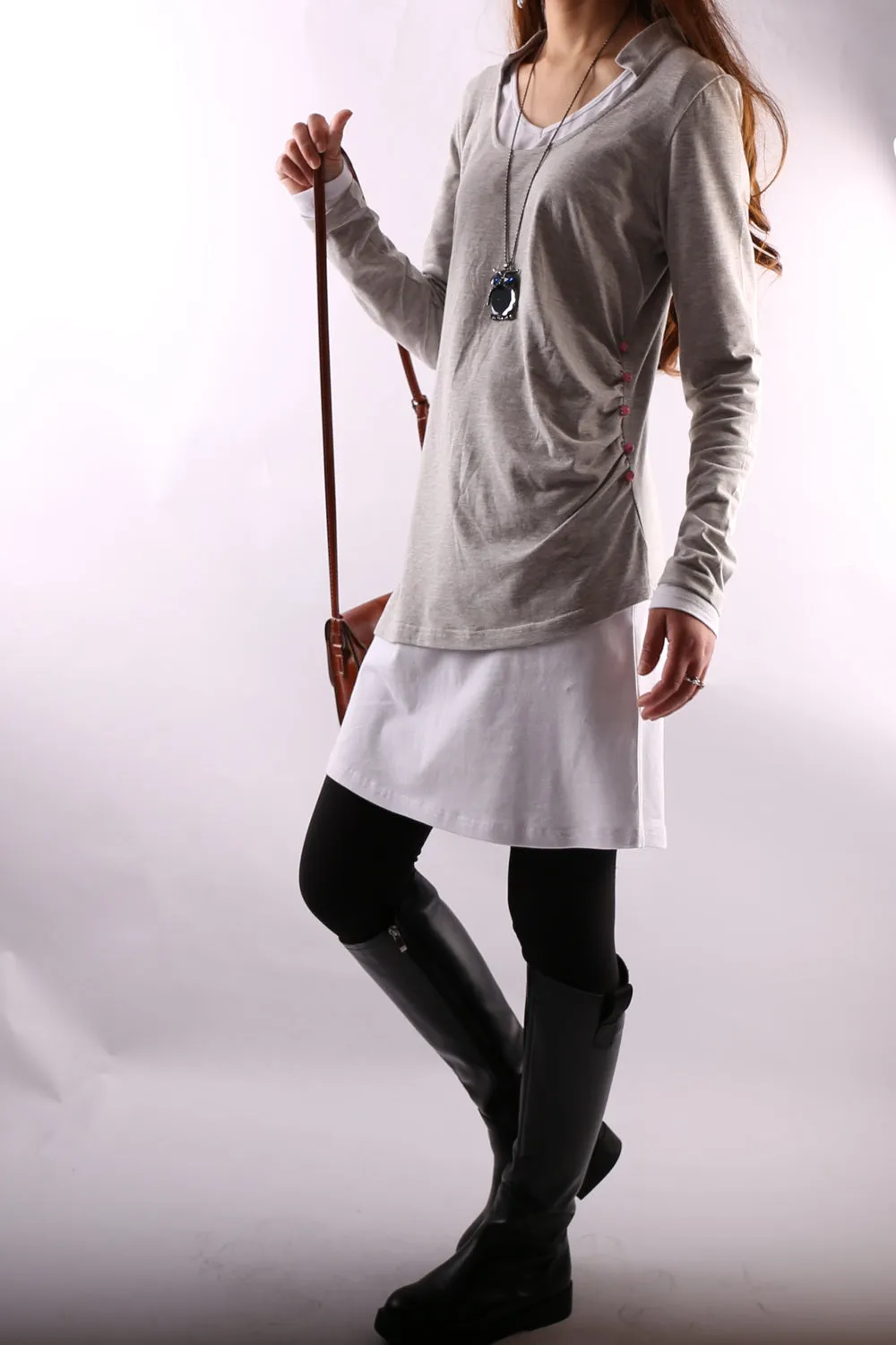 Women's V-neck cotton dress/Boho Cotton Layered Tunic Dress Set/long sleeve top(Q1702)