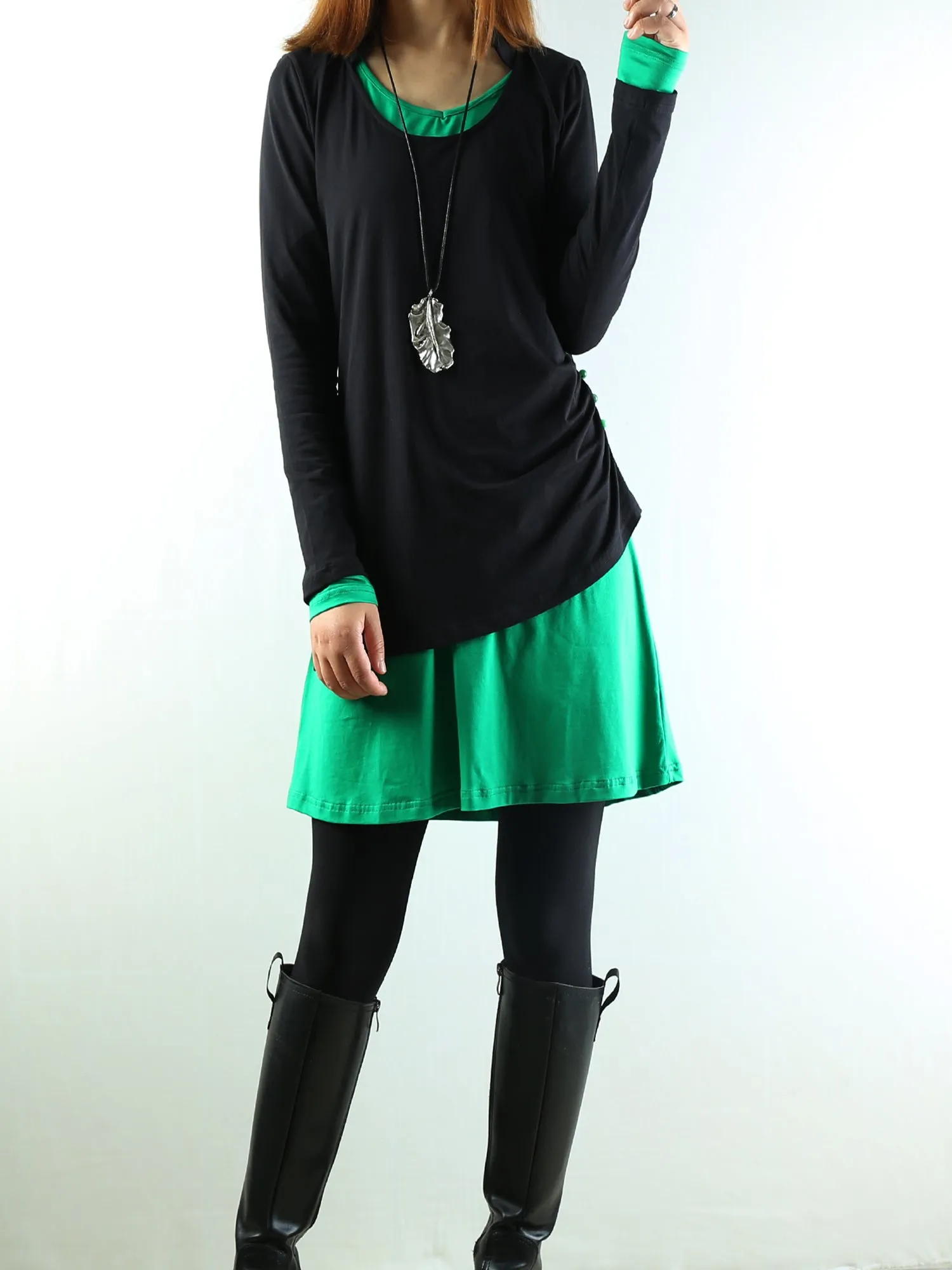 Women's V-neck cotton dress/Boho Cotton Layered Tunic Dress Set/long sleeve top(Q1702)