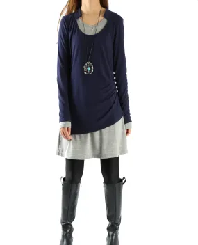 Women's V-neck cotton dress/Boho Cotton Layered Tunic Dress Set/long sleeve top(Q1702)