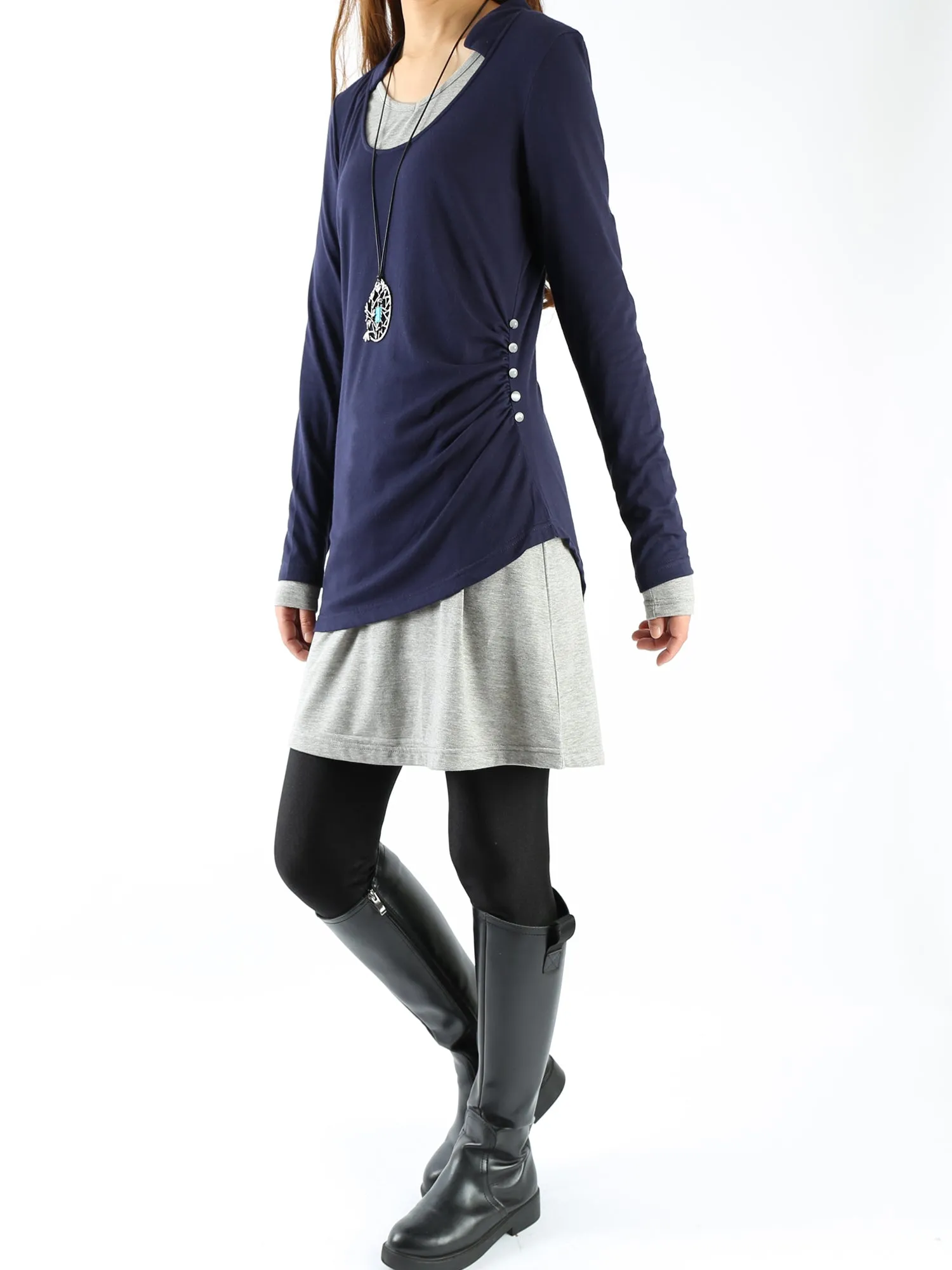 Women's V-neck cotton dress/Boho Cotton Layered Tunic Dress Set/long sleeve top(Q1702)