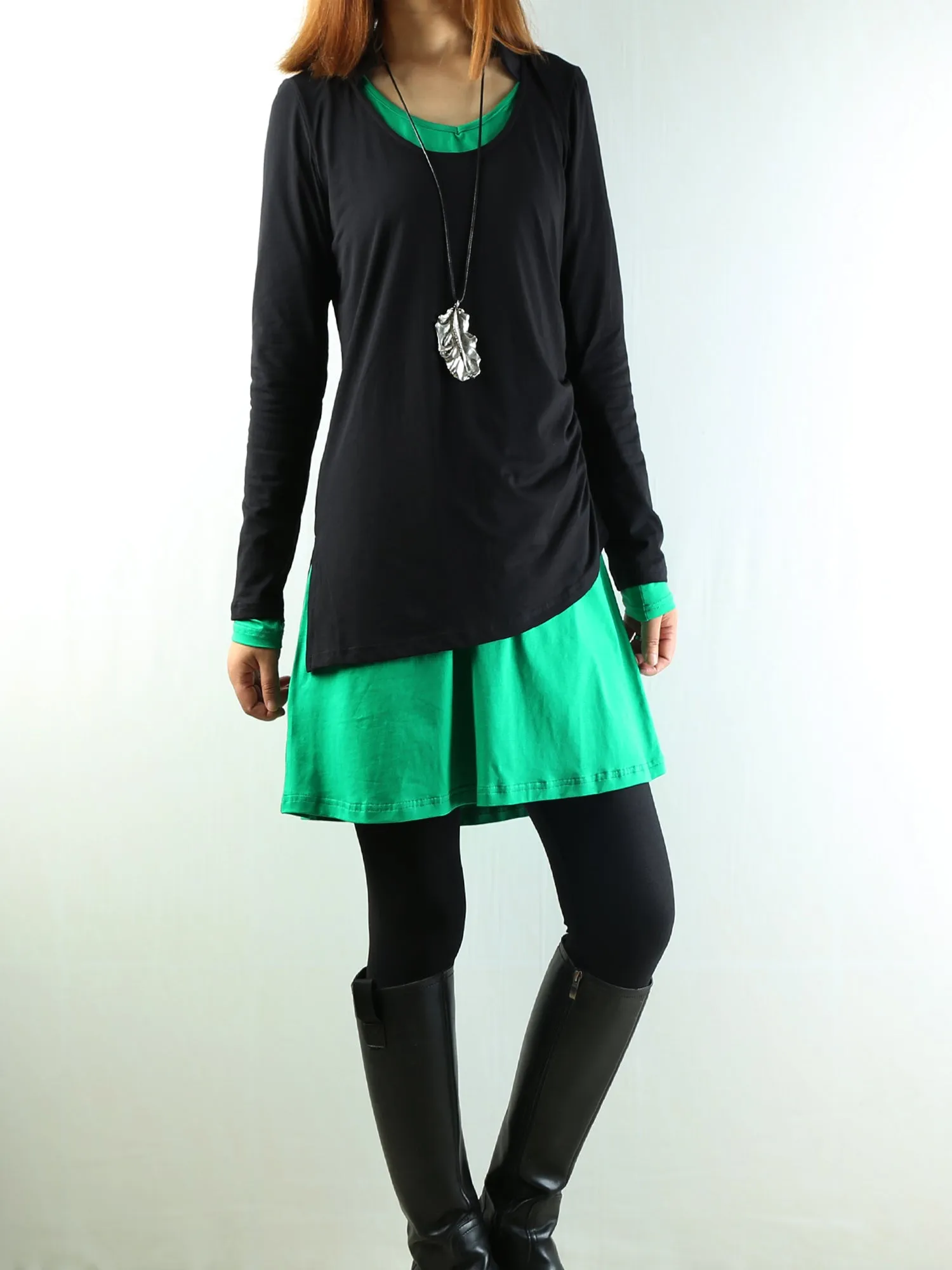Women's V-neck cotton dress/Boho Cotton Layered Tunic Dress Set/long sleeve top(Q1702)