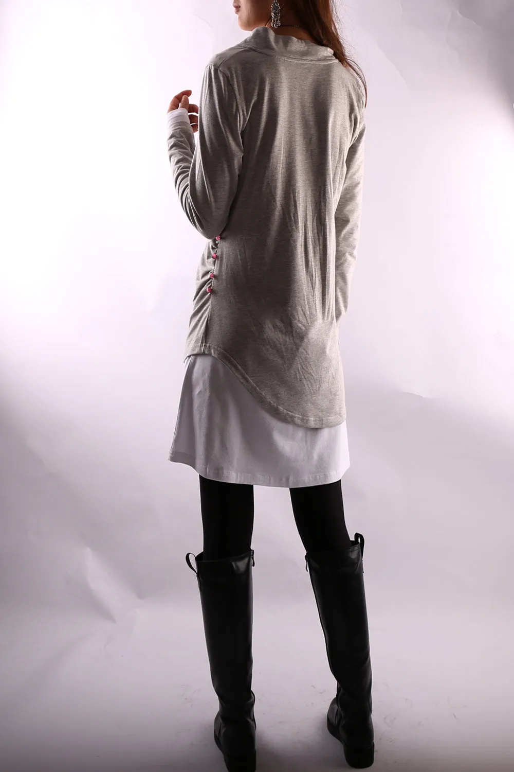 Women's V-neck cotton dress/Boho Cotton Layered Tunic Dress Set/long sleeve top(Q1702)
